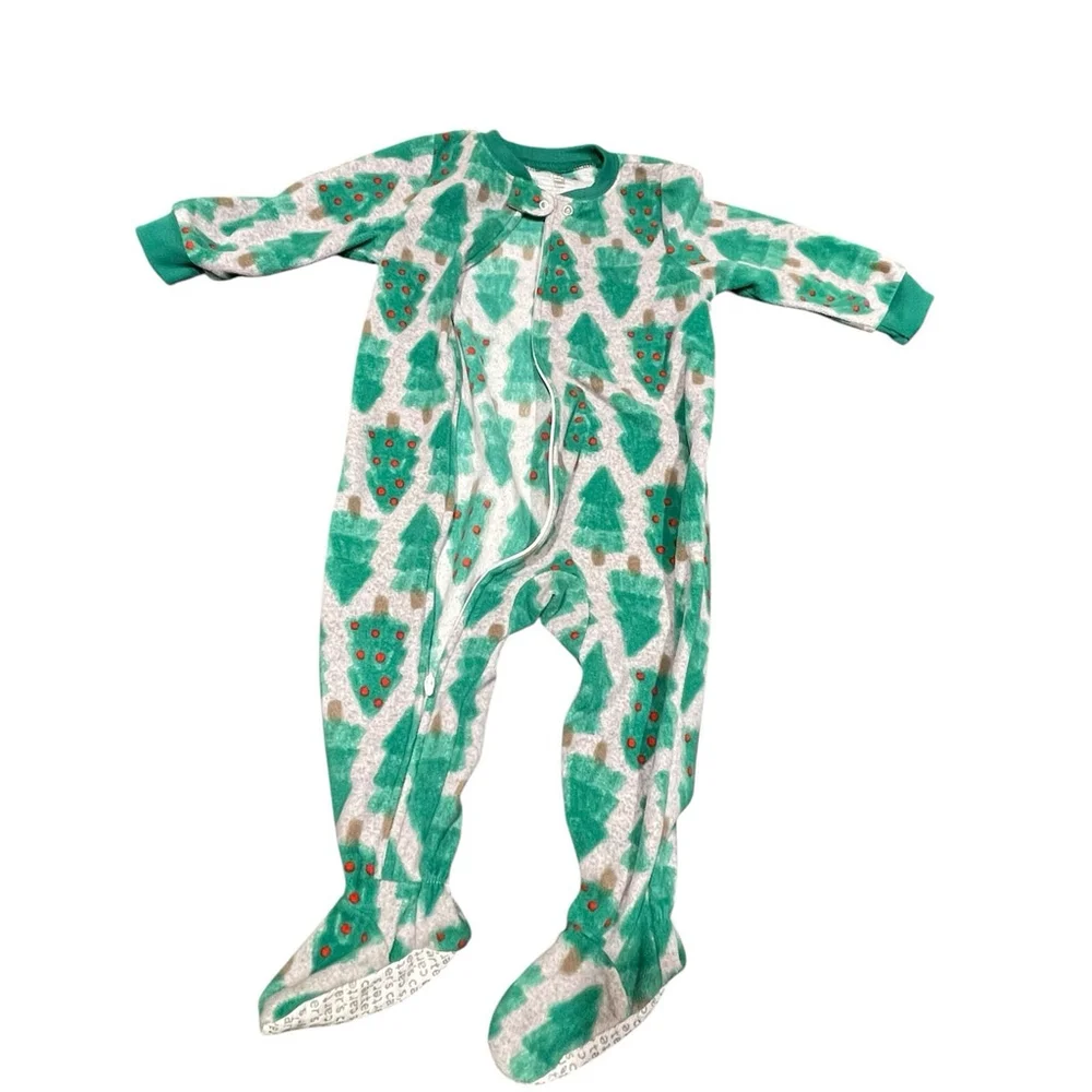 Carter's Christmas Tree Print Fleece One Piece Pajama Zip Footed Green 18 Months